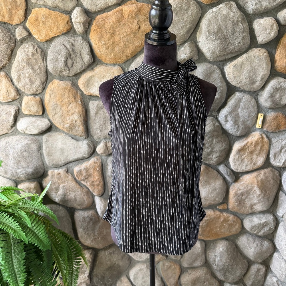 Liz Claiborne Career Black White Stripe Bow Neck Sleeveless Top Medium